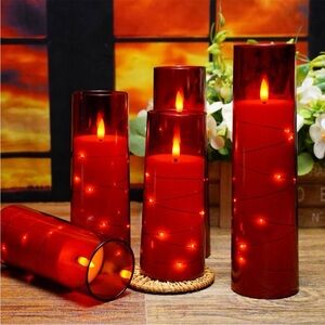 Red Flameless LED Pillar Candles with Remote - Set of 5